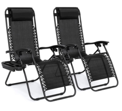 Set of 2 Adjustable Zero Gravity Patio Chair Recliners w/ Cup Holders, Black - Lot 135