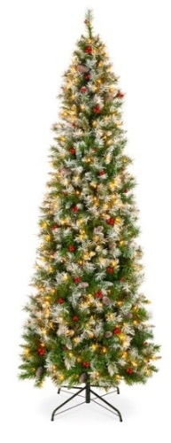 Pre-Lit Partially Flocked Spruce Pencil Tree w/ Berries, Pine Cones, 6ft - Lot 136