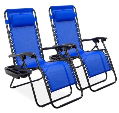 Set of 2 Adjustable Zero Gravity Patio Chair Recliners w/ Cup Holders, Cobalt Blue - Lot 142