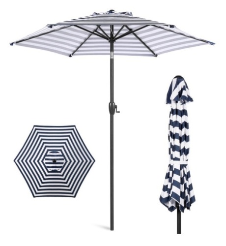 Outdoor Market Patio Umbrella w/ Push Button Tilt, Crank Lift - 7.5ft, Navy Stripe - Lot 144