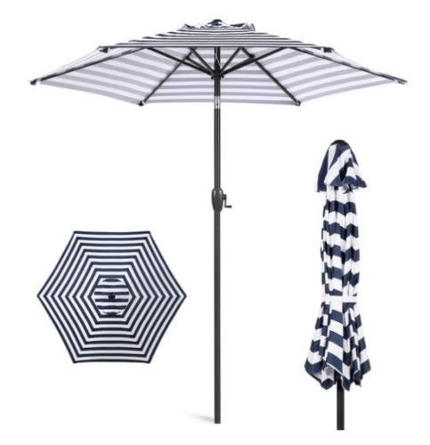Outdoor Market Patio Umbrella w/ Push Button Tilt, Crank Lift - 7.5ft, Navy Stripe - Lot 145