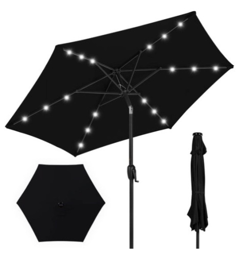 Outdoor Solar Patio Umbrella w/ Push Button Tilt, Crank Lift - 7.5ft, Black - Lot 150