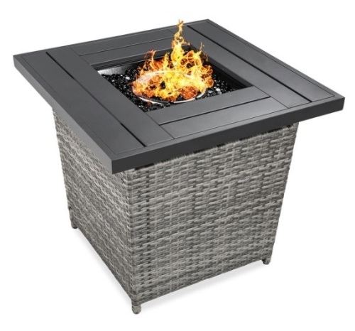 28in Fire Pit Table 50,000 BTU Wicker Propane w/ Faux Wood Tabletop, Cover, Gray - Lot 153