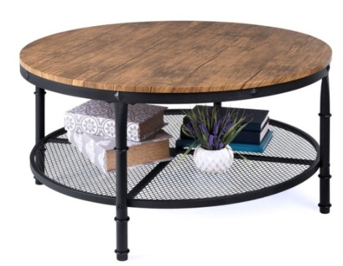 2-Tier Round Industrial Wood & Steel Coffee Table, Storage Shelves - 35.5in, Brown - Lot 154