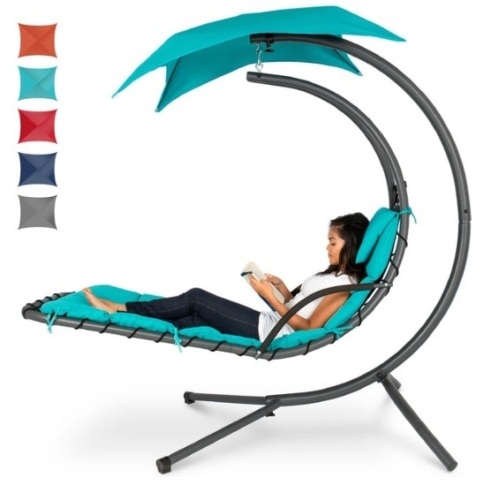 Hanging Curved Chaise Lounge Chair w/ Built-In Pillow, Removable Canopy, Blue - Lot 161