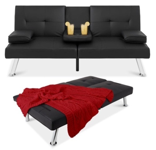 Faux Leather Upholstered Convertible Sofa Bed Futon w/ 2 Cupholders, Black - Lot 163