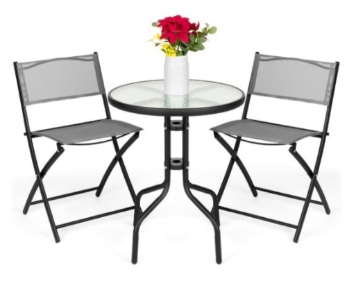 3-Piece Bistro Set w/ Glass Table, 2 Foldable Chairs, Gray - Lot 166
