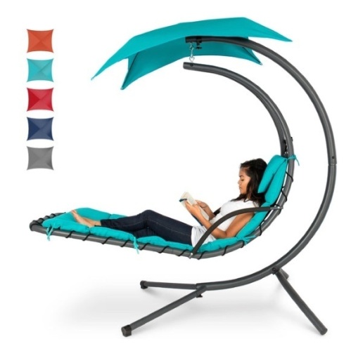 Hanging Curved Chaise Lounge Chair w/ Built-In Pillow, Removable Canopy, Blue - Lot 167