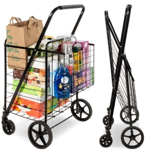 Folding Steel Grocery Cart w/ Double Basket, Swivel Wheels, 220lb Cap - Lot 169