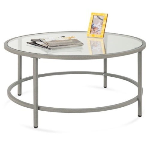 Round Tempered Glass Coffee Table w/ Steel Frame - 36in, Gray - Lot 170