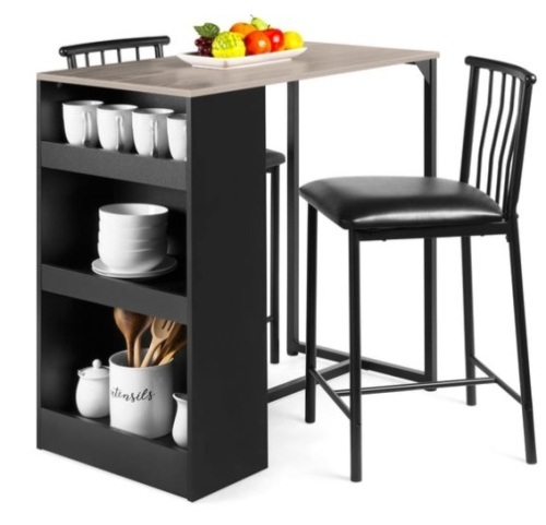 3-Piece Counter Height Kitchen Dining Table Set w/ Storage Shelves, Gray - Lot 172