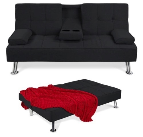 Linen Upholstered Convertible Sofa Bed Futon w/ 2 Cupholders, Black - Lot 173