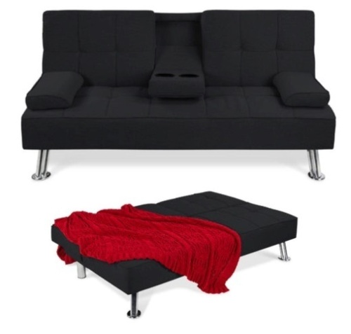 Linen Upholstered Convertible Sofa Bed Futon w/ 2 Cupholders, Black - Lot 174