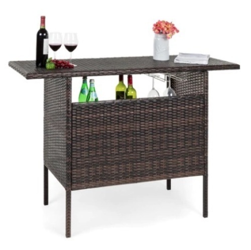 Outdoor Wicker Bar Counter Table w/ 2 Steel Shelves, 2 Rails, Brown, Appears New - Lot 74
