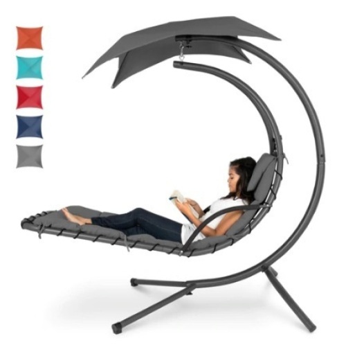 Hanging Curved Chaise Lounge Chair w/ Built-In Pillow, Removable Canopy, Charcoal Gray, Appears New - Lot 85
