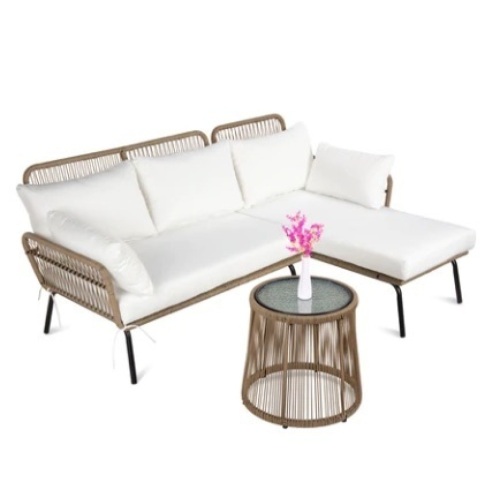 Rope Woven Sectional, L-Shape Sofa Set w/ Detachable Lounger, Table, White, Appears New - Lot 88