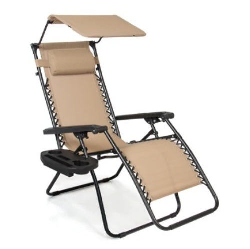 Folding Zero Gravity Recliner Patio Lounge Chair w/ Canopy, Side Tray, Beige, Appears New - Lot 90