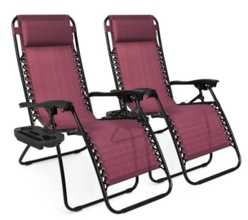 Set of 2 Adjustable Zero Gravity Patio Chair Recliners w/ Cup Holders, Burgundy - Lot 182