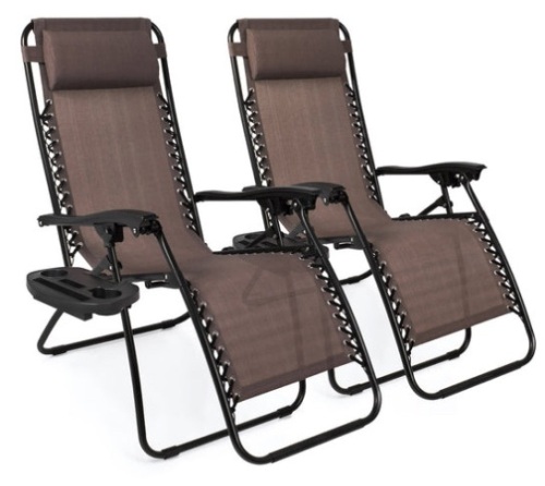 Set of 2 Adjustable Zero Gravity Patio Chair Recliners w/ Cup Holders, Brown - Lot 185