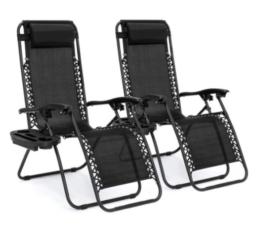 Set of 2 Adjustable Zero Gravity Patio Chair Recliners w/ Cup Holders, Black - Lot 188