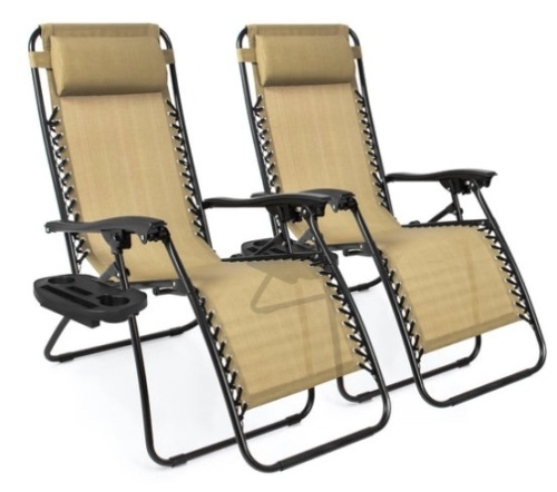 Set of 2 Adjustable Zero Gravity Patio Chair Recliners w/ Cup Holders, Beige - Lot 190