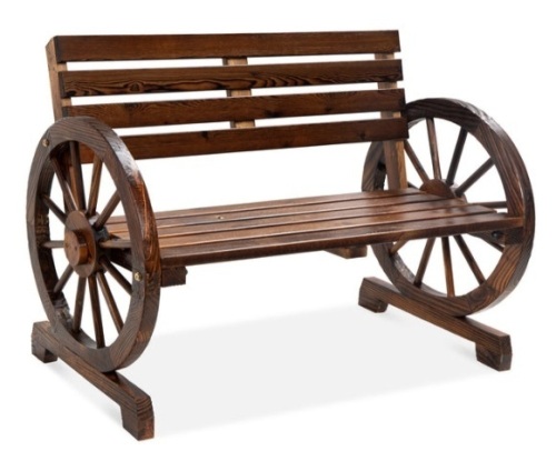 2-Person Rustic Wooden Wagon Wheel Bench w/ Slatted Seat and Backrest - Lot 192