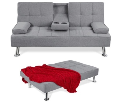 Linen Upholstered Convertible Sofa Bed Futon w/ 2 Cupholders, Gray - Lot 195