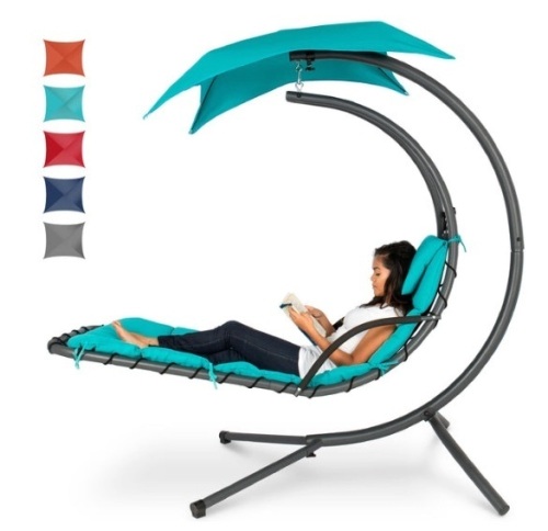 Hanging Curved Chaise Lounge Chair w/ Built-In Pillow, Removable Canopy, Blue - Lot 198