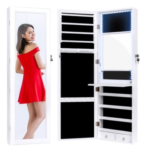 Door/Wall Mount Mirror Jewelry Cabinet Armoire w/ Inside Mirror, LED Lights - Lot 202