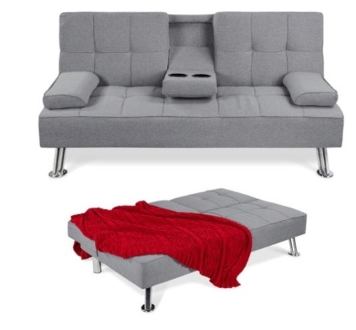 Linen Upholstered Convertible Sofa Bed Futon w/ 2 Cupholders, Gray - Lot 208