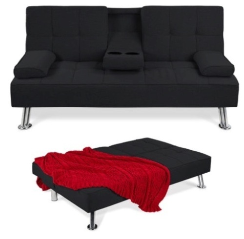Linen Upholstered Convertible Sofa Bed Futon w/ 2 Cupholders, Black - Lot 209