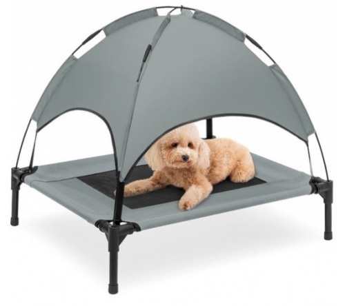 Elevated Cooling Dog Bed, Outdoor Pet Cot w/ Canopy, Carry Bag - 30in, Gray - Lot 218