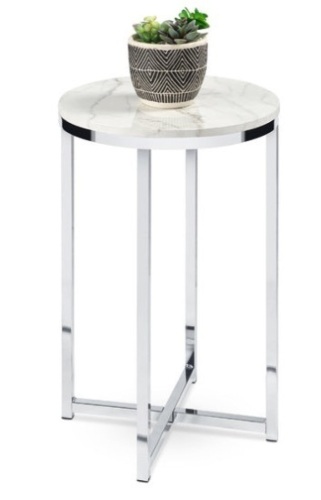 Round Coffee Side Table w/ Faux Marble Top, Metal Frame - 16in, White/Chrome - Lot 219