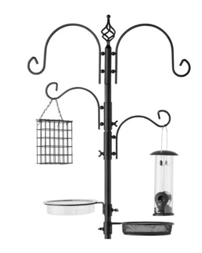 4-Hook Bird Feeding Station, Steel Feeder Stand w/ 2 Bird Feeders - 91in, Black - Lot 224