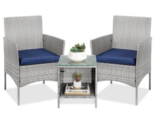 3-Piece Outdoor Patio Wicker Bistro Set w/ Side Storage Table, Gray/Navy - Lot 232