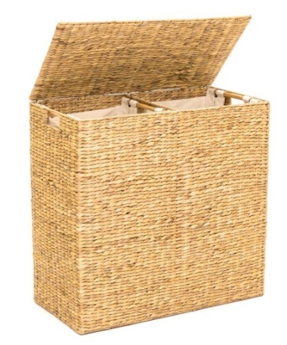 Extra Large Water Hyacinth Double Laundry Hamper Basket w/ 2 Liner Bags, Brown - Lot 234