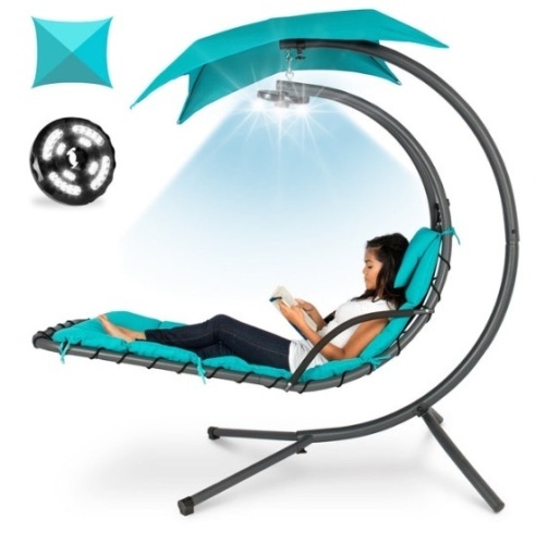 Hanging LED-Lit Curved Chaise Lounge Chair w/ Pillow, Canopy, Stand, Teal - Lot 236
