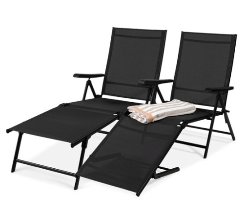Set of 2 Outdoor Patio Chaise Recliner Lounge Chairs w/ Rust-Resistant Frame, Black - Lot 239