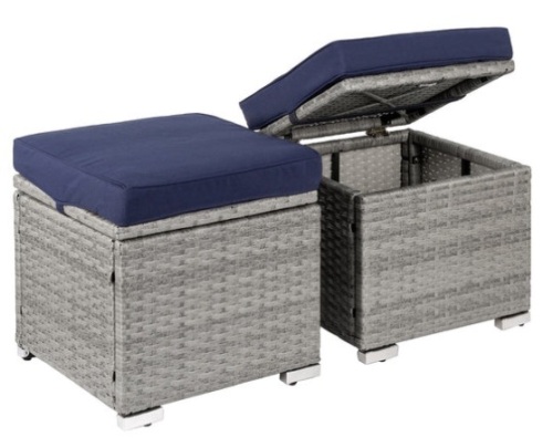 Set of 2 Wicker Ottomans, Multipurpose w/ Removable Cushions, Steel Frame, Gray/Navy - Lot 241