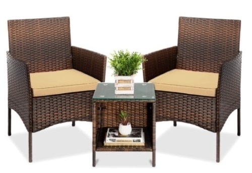 3-Piece Outdoor Patio Wicker Bistro Set w/ Side Storage Table, Brown/Tan - Lot 242
