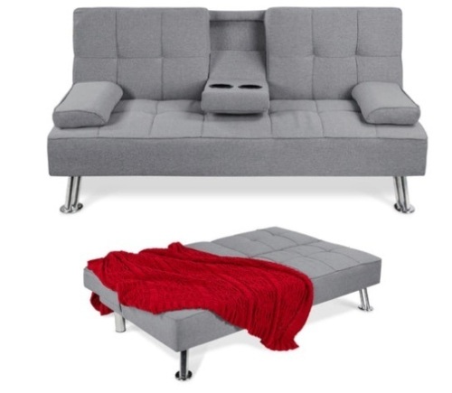 Linen Upholstered Convertible Sofa Bed Futon w/ 2 Cupholders, Gray - Lot 244