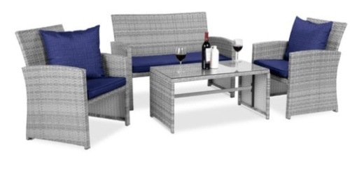 4-Piece Outdoor Wicker Conversation Patio Set w/ 4 Seats, Glass Table Top, Gray/Navy - Lot 257