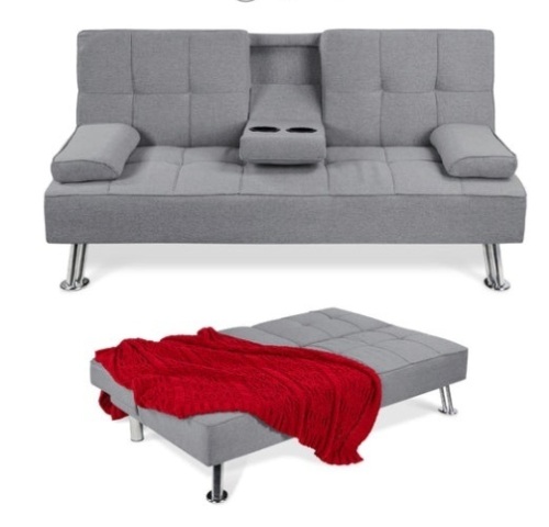 Linen Upholstered Convertible Sofa Bed Futon w/ 2 Cupholders, Gray - Lot 263