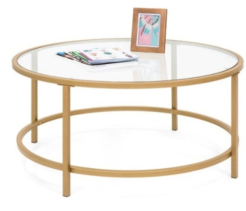 Round Tempered Glass Coffee Table w/ Steel Frame - 36in, Gold - Lot 265