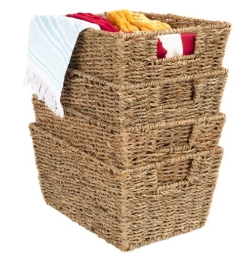 Set of 4 Seagrass Storage Tote Baskets, Laundry Organizer w/ Insert Handles, Natural - Lot 269