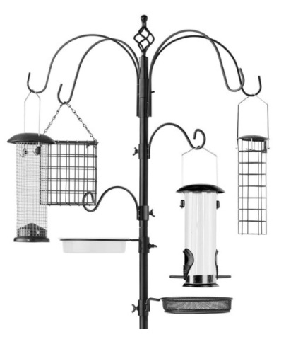 Bird Feeding Station, 6-Hook Steel Multi-Feeder Stand w/ 4 Feeders - 89in, Black - Lot 99