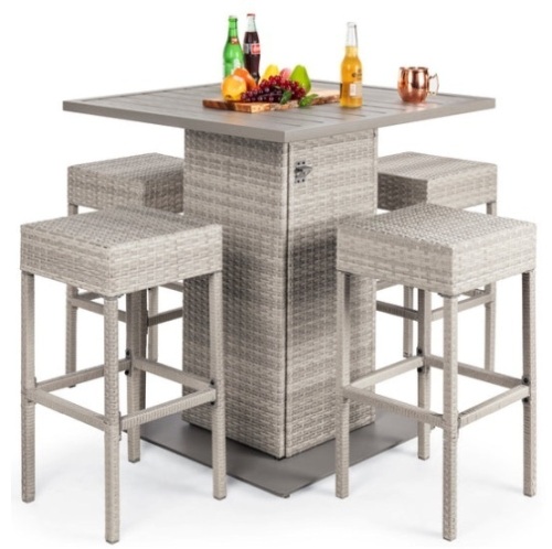 5-Piece Wicker Bar Set w/ 4 Stools, Built-In Bottle Opener, Hidden Storage, Gray - Lot 270