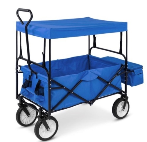 Utility Wagon Cart w/ Folding Design, 2 Cup Holders, Removable Canopy, Blue - Lot 98