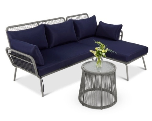 Rope Woven Sectional, L-Shape Sofa Set w/ Detachable Lounger, Table, Gray/Navy - Lot 281