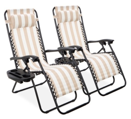 Set of 2 Adjustable Zero Gravity Patio Chair Recliners w/ Cup Holders, Tan Striped - Lot 286